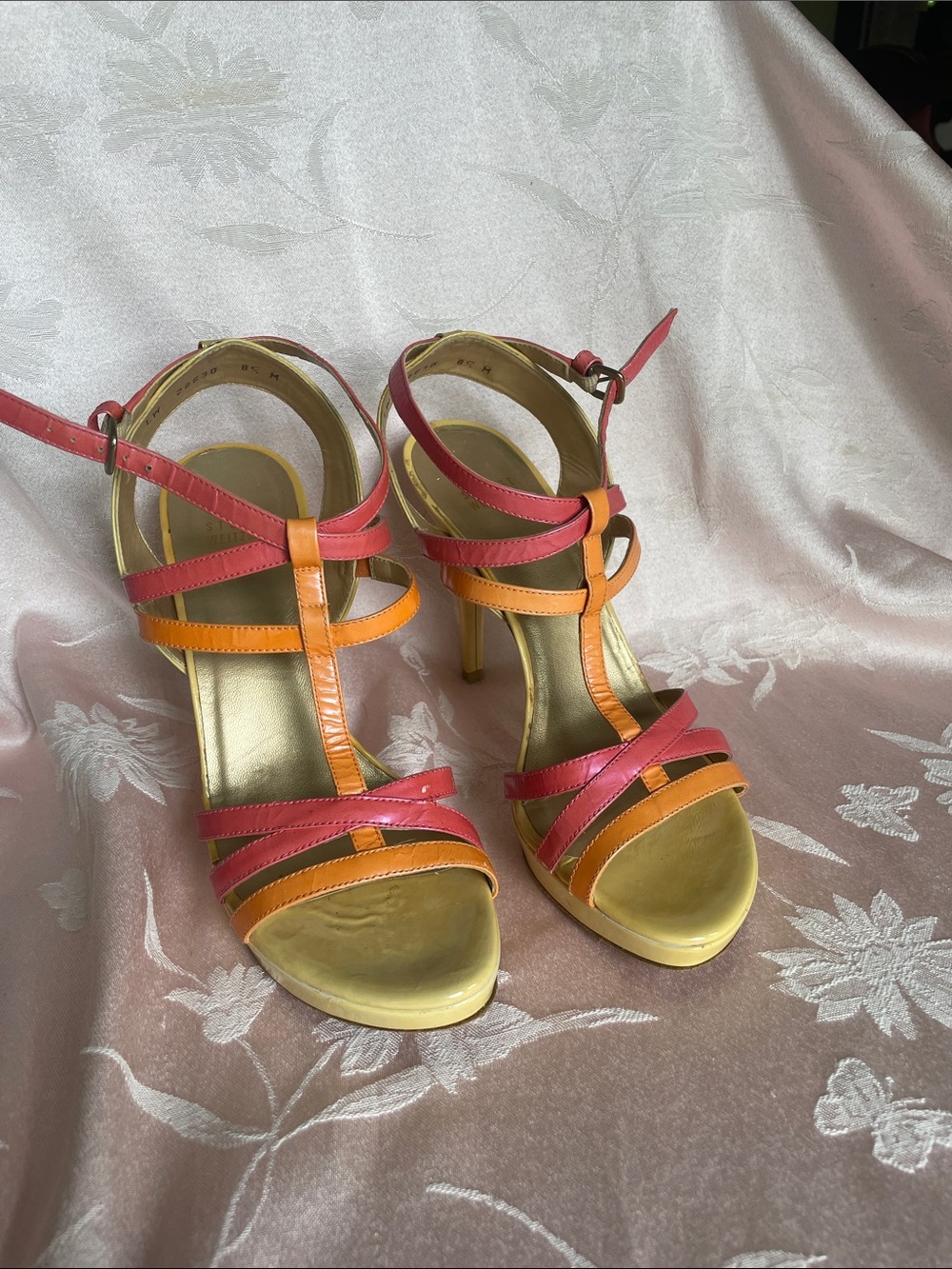 Vintage Stuart Weitzman Pink and Orange Strappy High Heel Sandals